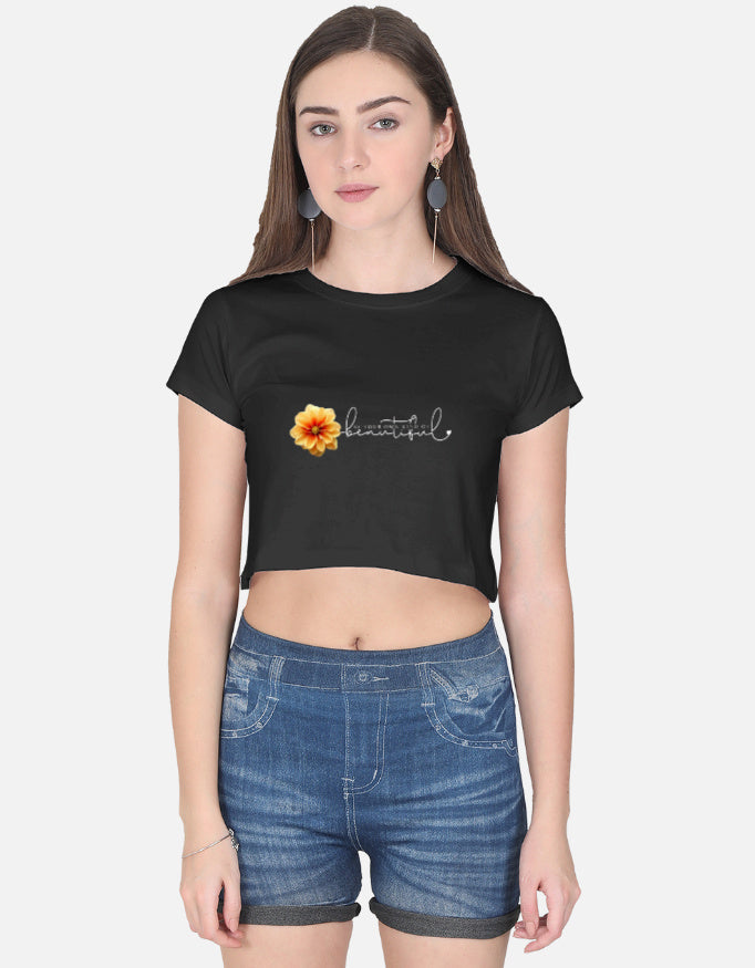 Black Crop Top with "Beautiful" Floral Print | Women’s Stylish T-shirt