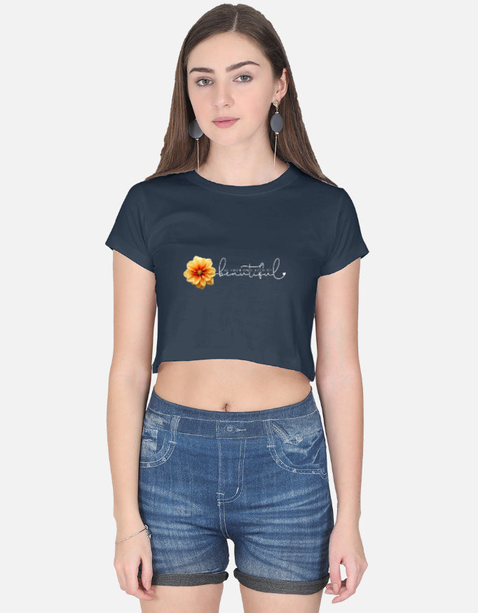 Black Crop Top with "Beautiful" Floral Print | Women’s Stylish T-shirt